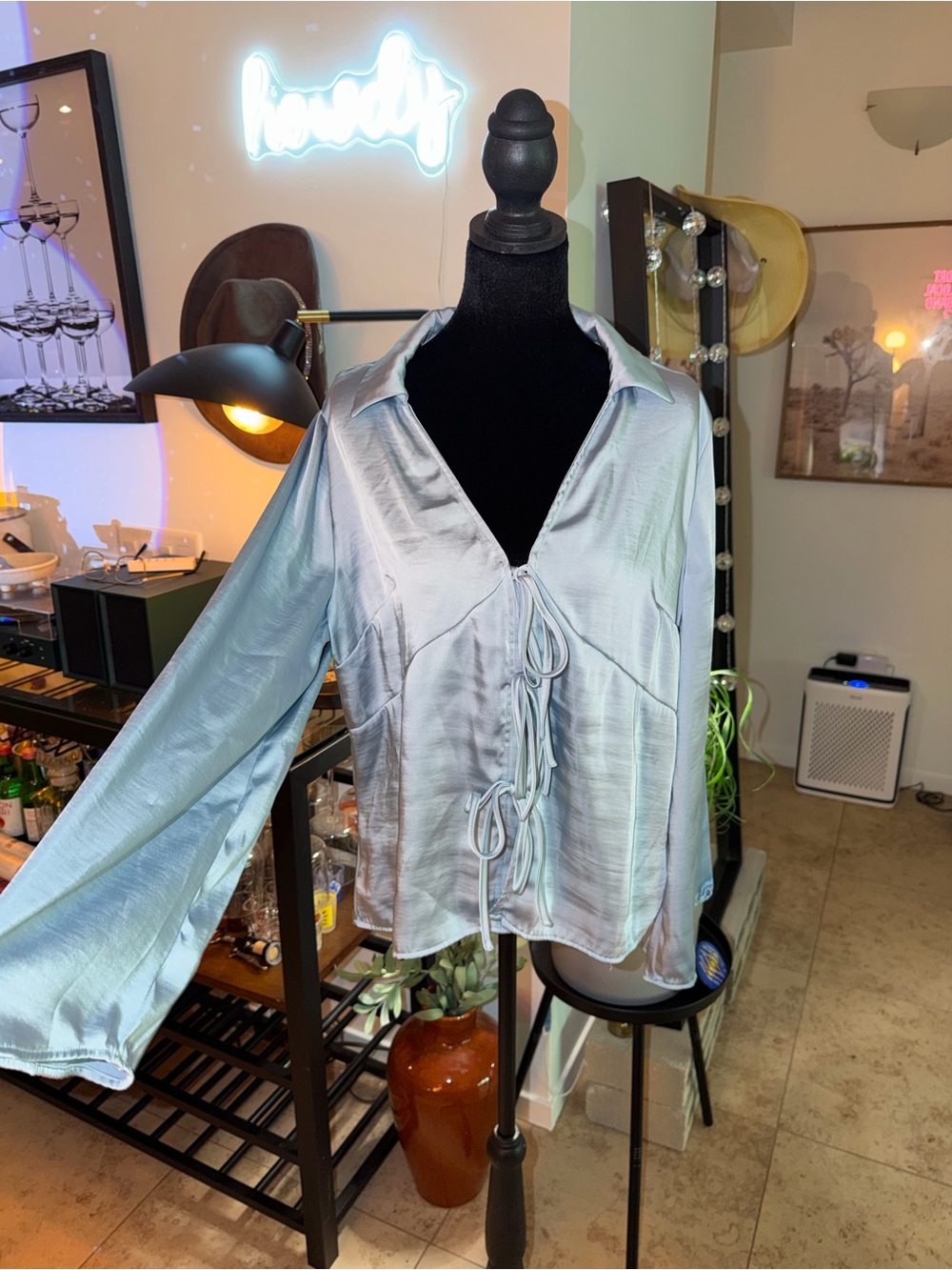a new day Pale Blue Satin Tie-Front Blouse